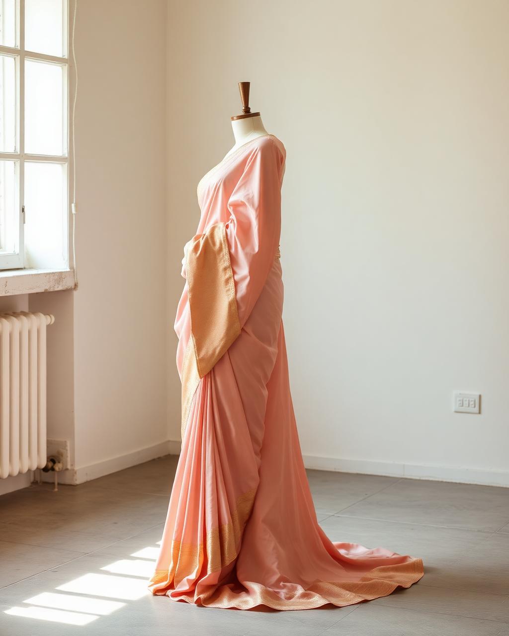 Reha — Peach satin, Banarasi gold border