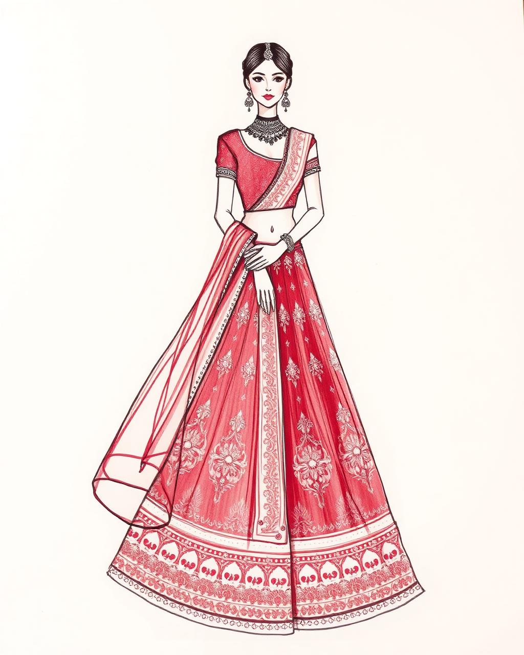 Bridal lehenga illustration in burgundy ink