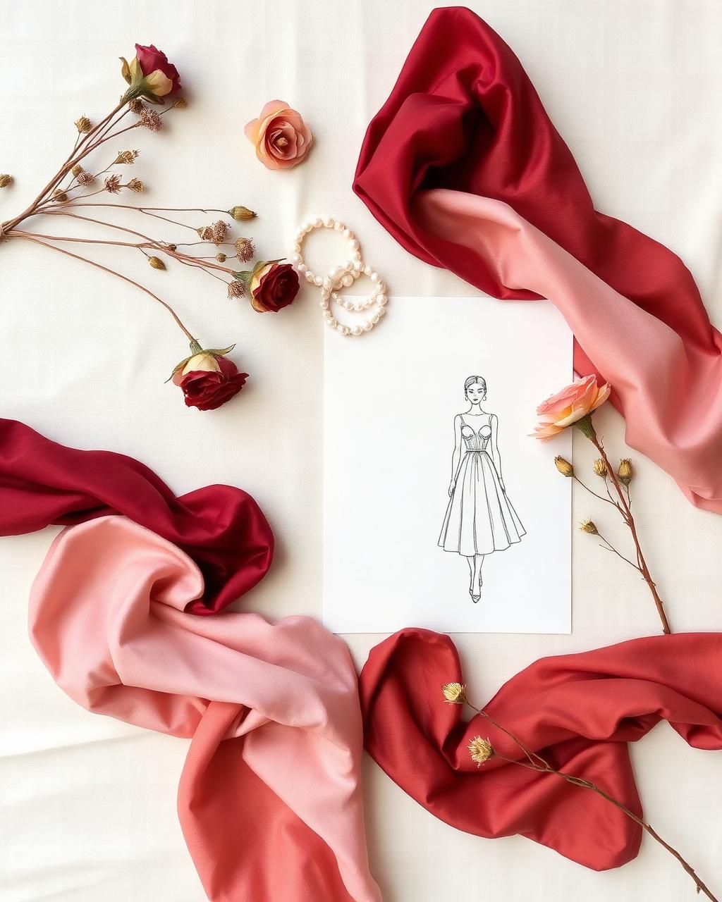 Moodboard of silk swatches, pearls, and sketches