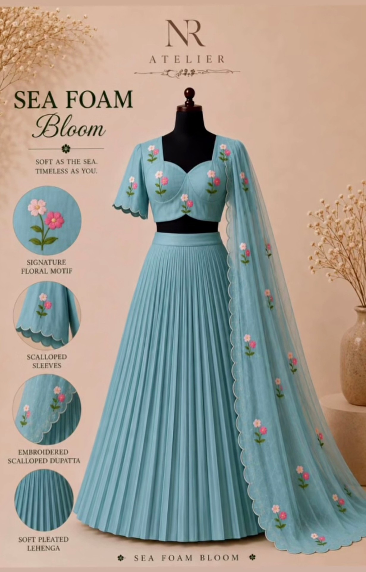 Sea Foam Bloom — Sea-foam organza, Scalloped floral embroidery